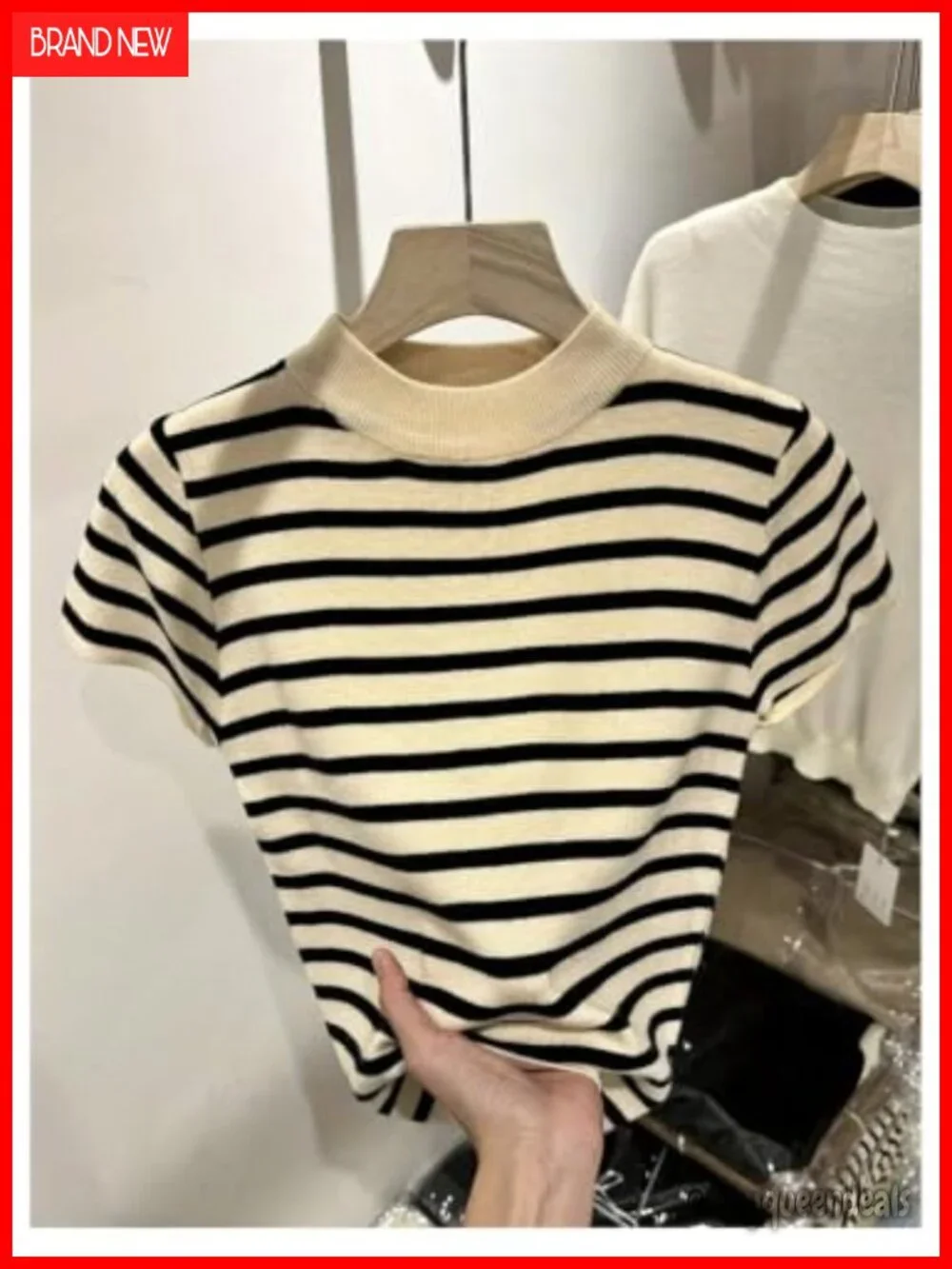 Striped Crew Neck Short Sleeve Pullover Sweater Knit Top
